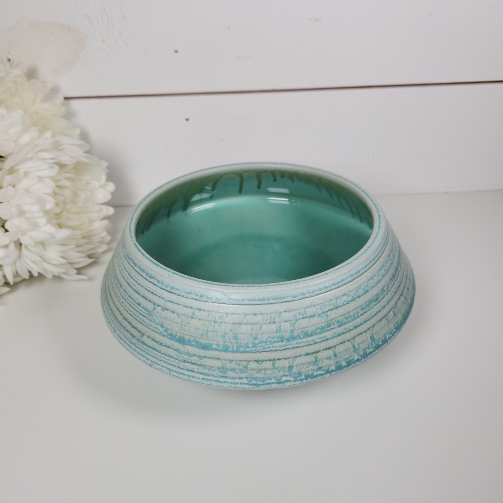Vintage Studio Pottery Turquoise Pedestal Bowl | Mid Century Modern Pottery Art